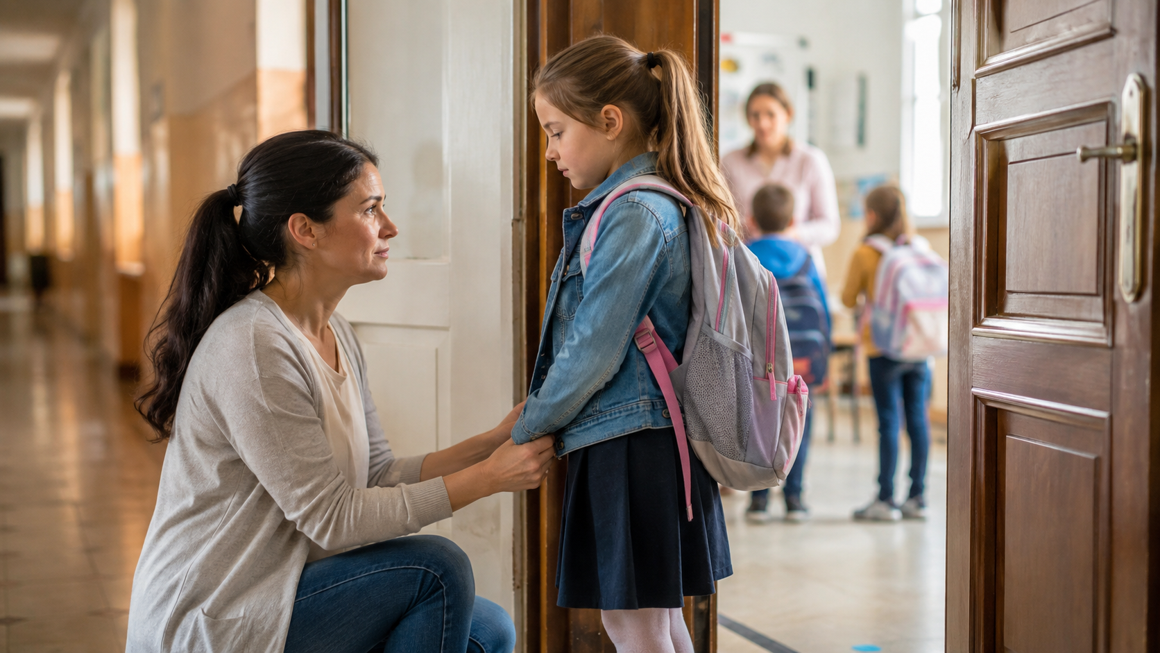 Copilul nu vrea să intre în clasă: ce faci în primele minute ca să nu se transforme despărțirea într-o luptă