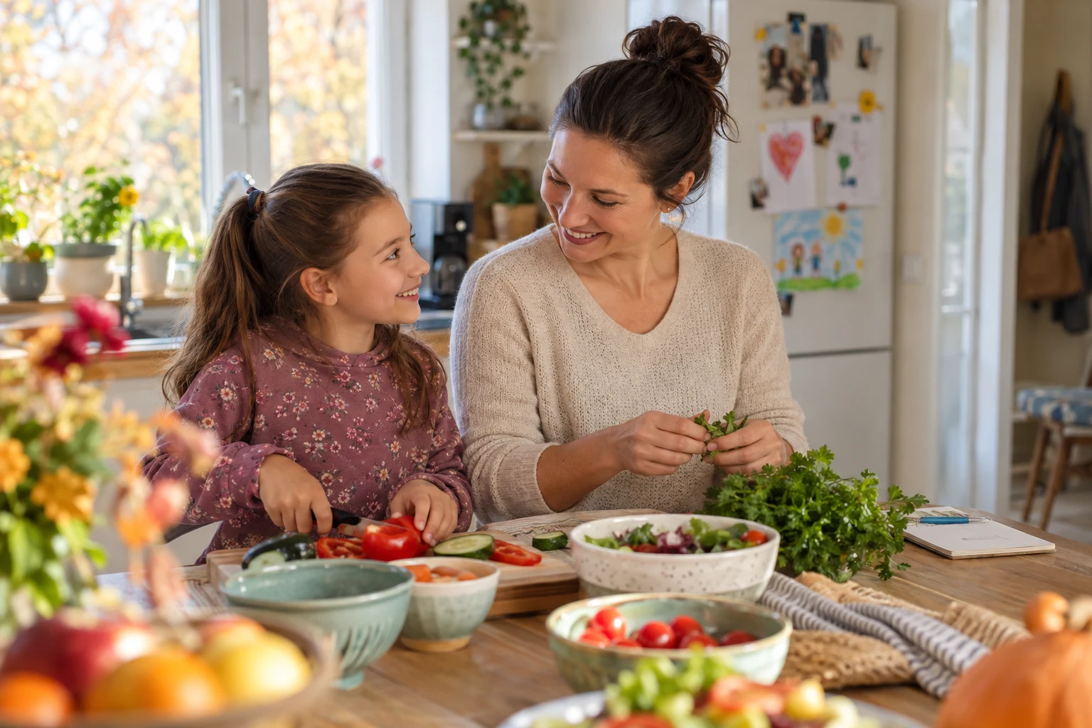 Mamă și copil pregătind masa împreună