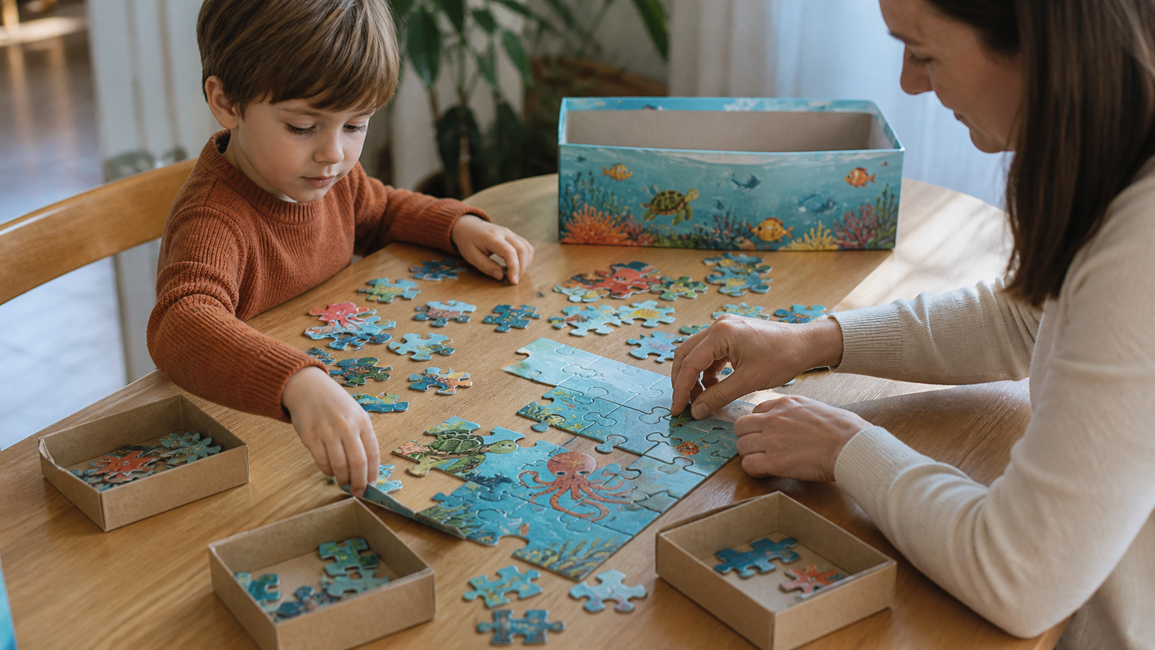 Părinte și copil care sortează piesele unui puzzle generic cu temă subacvatică